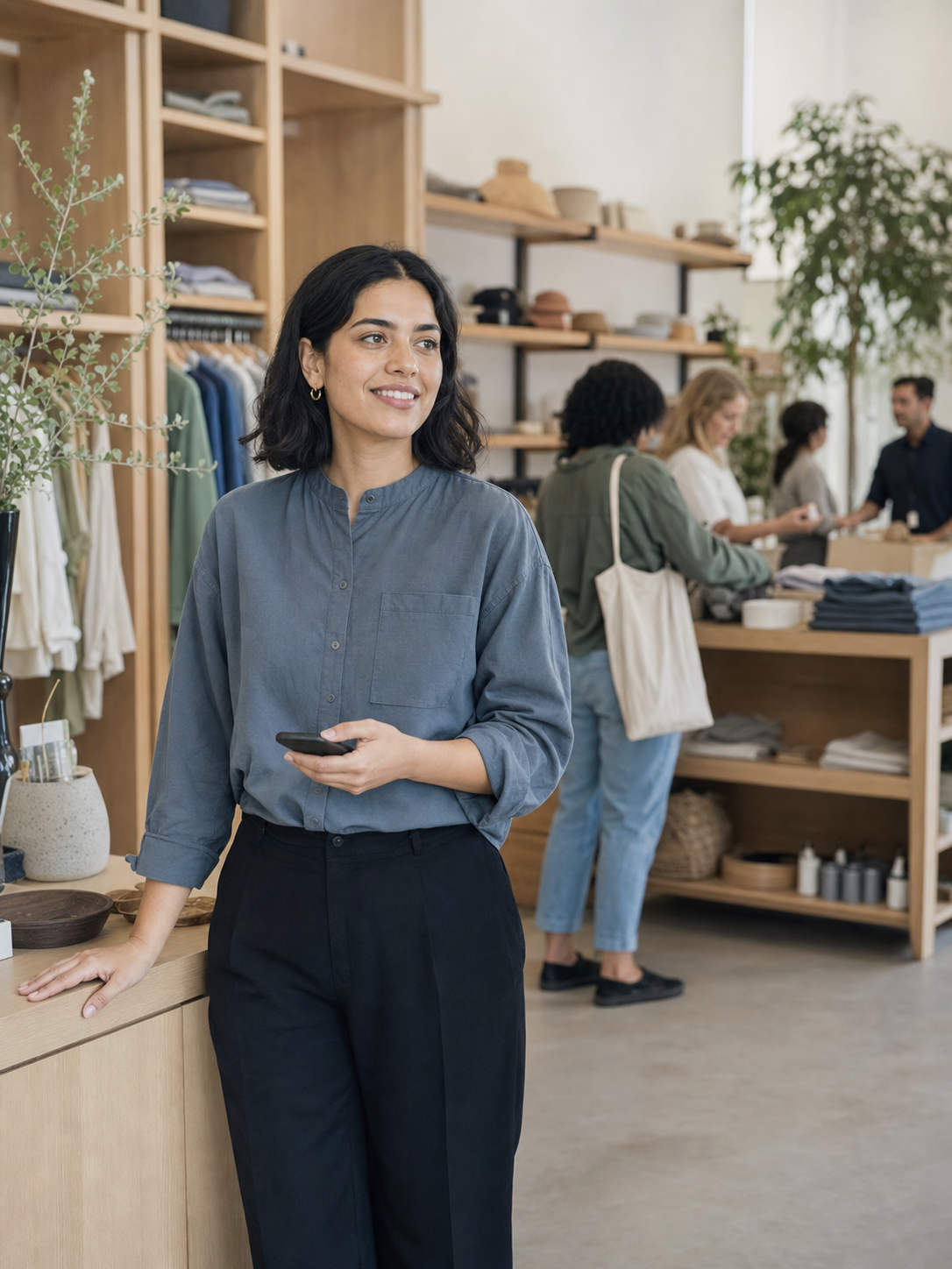 Vendeuse à l'accueil d'une boutique consultant Wave pendant un flux client calme