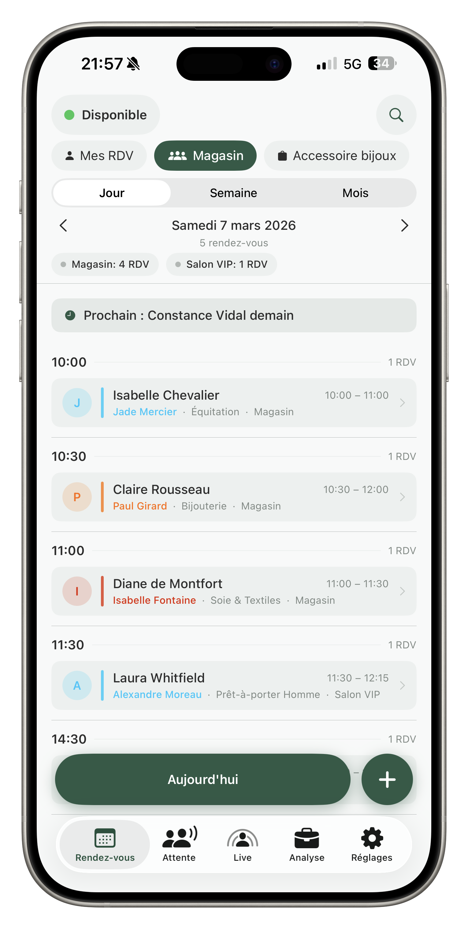 Capture réelle de l'application iOS Wave — planning du jour